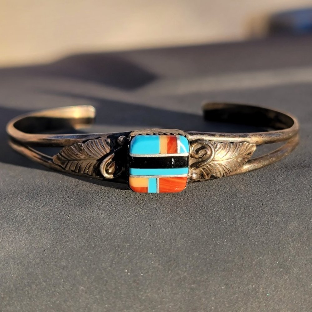 Native American 925 sterling silver square inlay squash blossom vintage bracelet - Picture 2 of 15